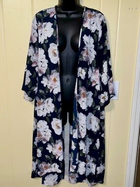 Umgee Navy Blue Floral Open Front Boho Crochet Duster Kimono Cardigan Size S